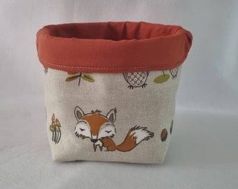 FOX Linen style fabric/Forest animals Owls snails burnt orange lining bits & bobs charger Storage basket tub craft caddy bin 15x13x11cm