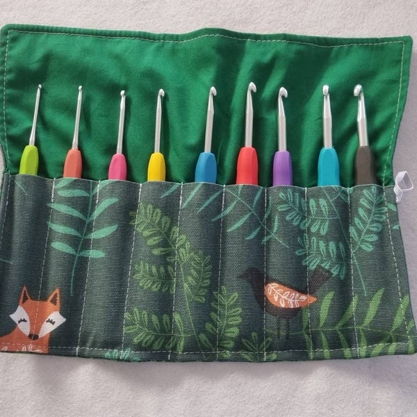 Crochet Hook Case Roll Holder Storage Forest Green Foxes Birds Fabric - 9 Moulded Handle Hooks included gift idea craft hobby handbag