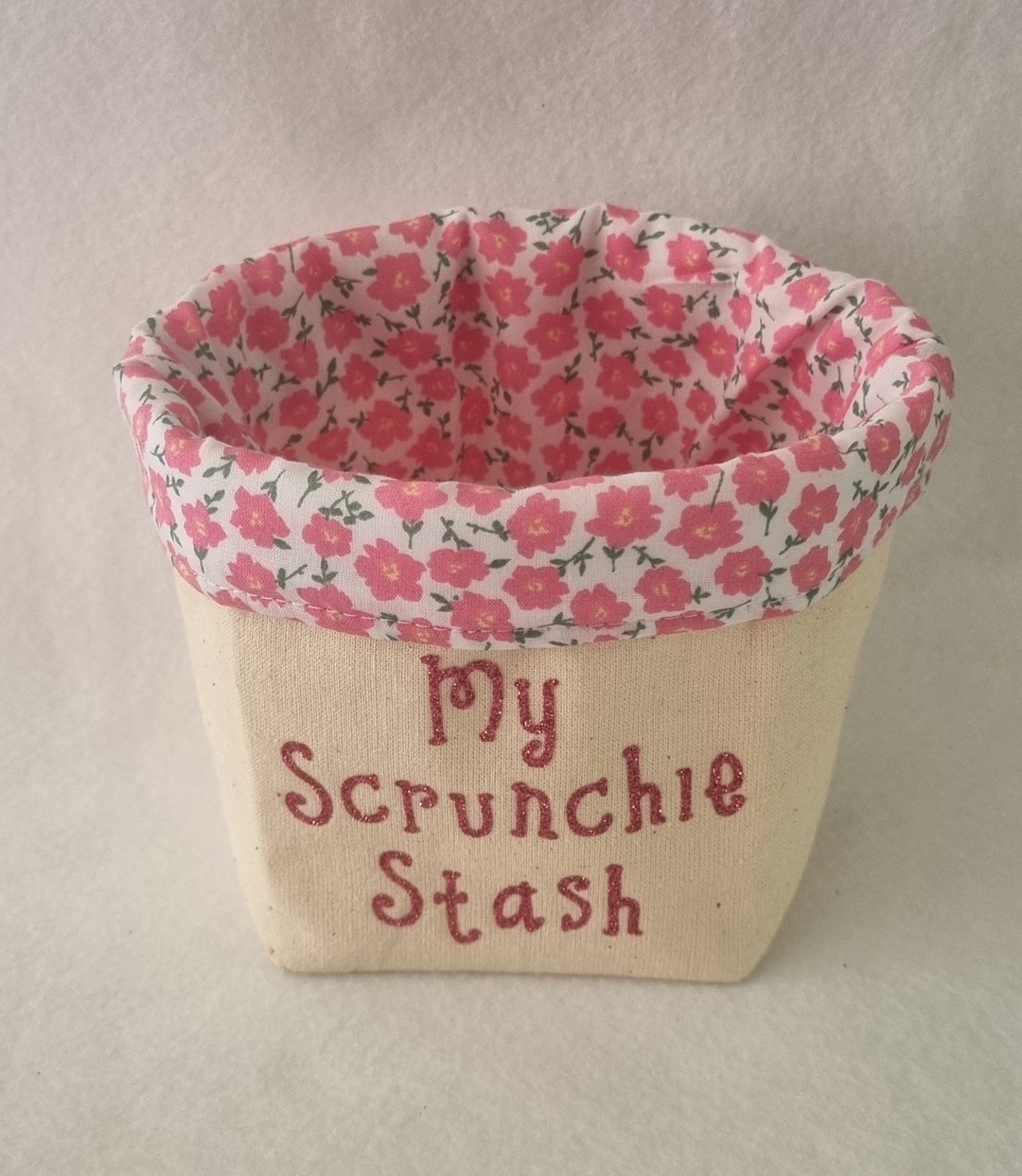 MY SCRUNCHIE STASH Small Storage Basket Cream Linen Pink Glitter Vinyl ...