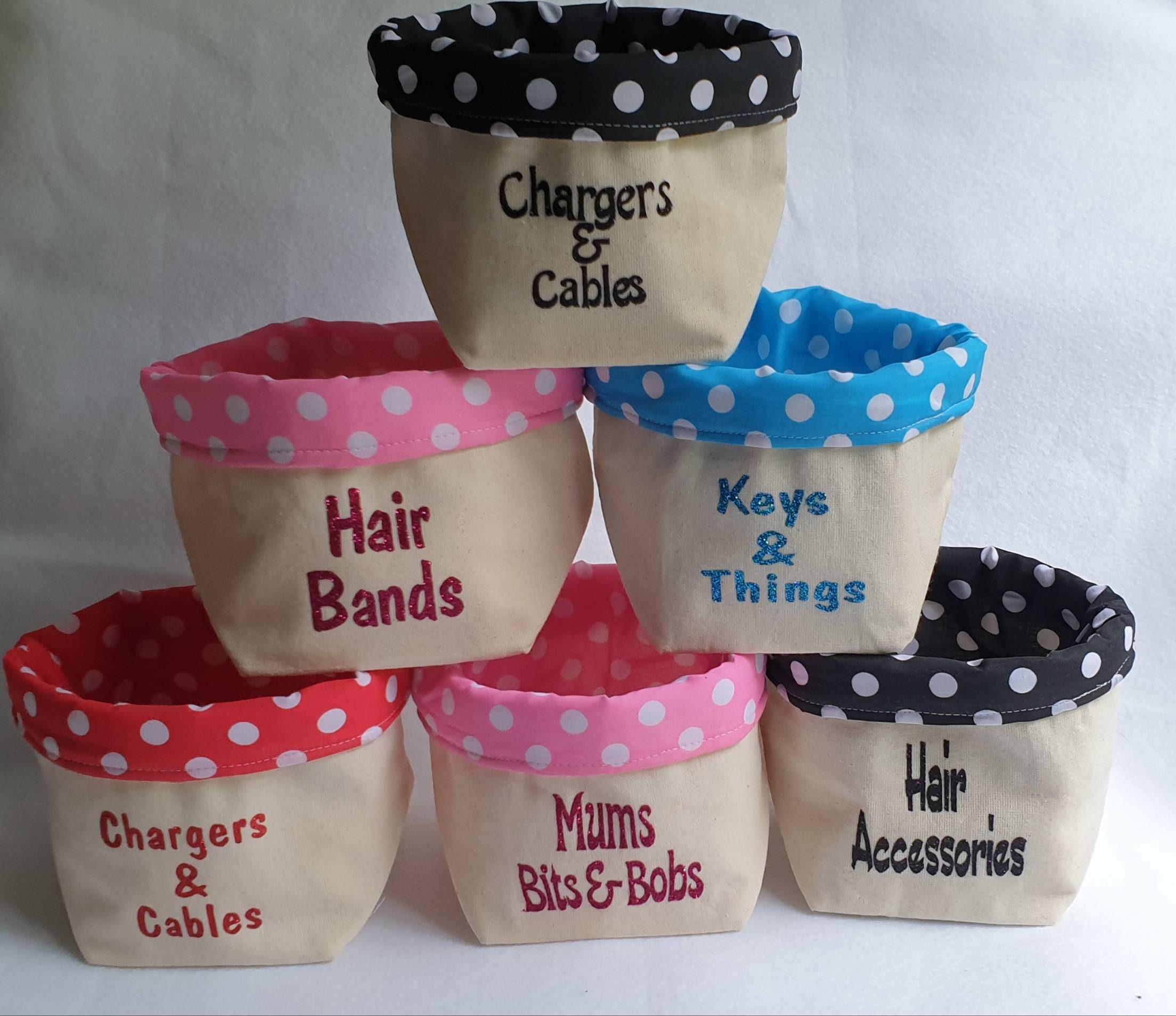 HAIR BANDS Small Storage Basket Cream Linen Pink Glitter Vinyl ...