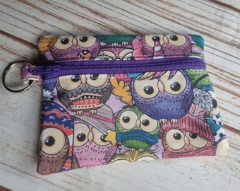 Owl Fabric Coin Purse: Handmade Purple Zip Pouch
