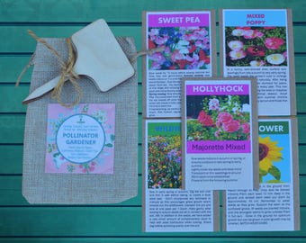 Pollinator Gardener’s Seed Gift Set – 5 Flower Seed Packs in Jute Bag with Plant Markers