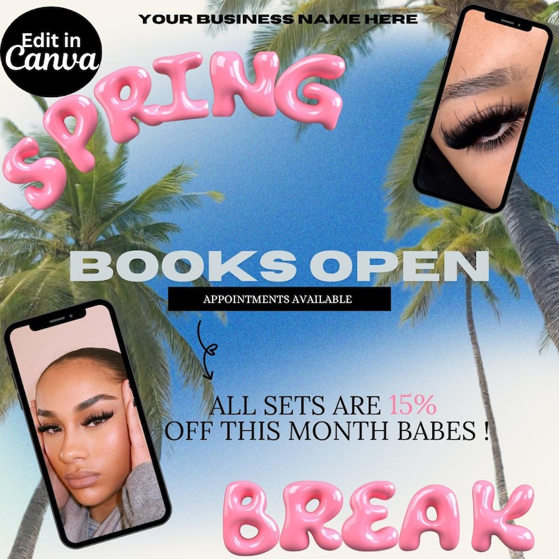 Editable Spring Break Lash Flyer, Booking Template - Etsy