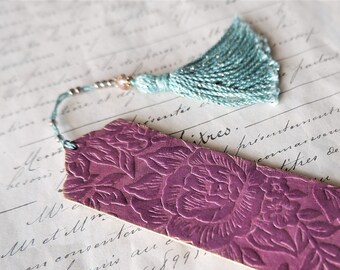 rose bookmark, fuchsia rose, hand dyed leather, handdyed tassel