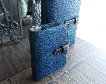 leather planner, lapis blue, handdyed, layered flowers, blue planner, leather binder, mini planner, handstitched, veg tan