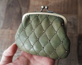 leather coin purse, green tea, quilting coin purse, beaded purse, quilting purse, green coin purse, natural coin purse, veg tanned, retro