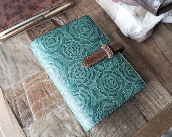 leather planner, B7, handdyed, smoky emerald, layered flowers, green planner, leather binder, pocket planner, rose planner, handstitched