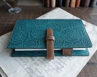 leather planner, A6, smoky turquoise, handdyed, layered flowers, blue planner, leather binder, personal planner, A6 refills, 15mm rings,