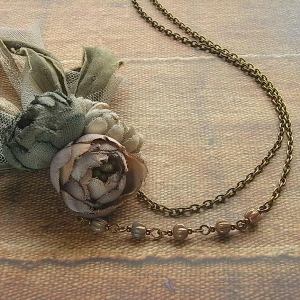 petite bouquet necklace - ash rose - hand dyed - antiqued rose necklace, fabric flower necklace, tattered necklace