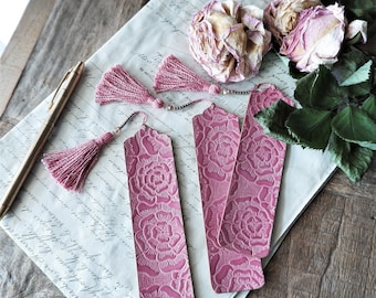 Rose bookmark, peony pink, hand dyed leather, rose pink, blooming, hand dyed tassel