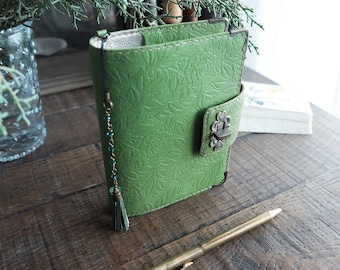 last, leather binder, B7, citrus rose, locked planner, leather planner, locked journal, green planner, pocket size, limegreen, veg, handst