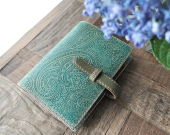 leather planner, B7, sea green paisley, handdyed, paisley planner, leather binder, planner binder, handstitched, natural, blue paisley