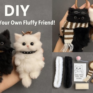May include: A DIY craft kit with the text "Create Your Own Fluffy Friend!" featuring two plush cat figures, one black and one white, with accessories. The kit includes materials like yarn, needles, and a tutorial.