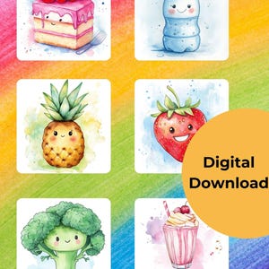 Druckbare Lebensmittel Karteikarten für Kinder - Digitaler Download mit Mahlzeiten, Obst und Gemüse - 13 x 12 cm große Lernkarten