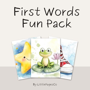 Può includere: Un set di tre stampe artistiche ad acquerello intitolato "First Words Fun Pack". Le stampe presentano una stella gialla sorridente, una rana verde su una ninfea e una scarpa da ginnastica rossa. Le stampe sono di LittlePagesCo.