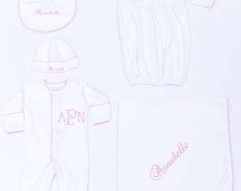 Pima Cotton Baby Girl Coming Home Outfit: Monogrammed Footie