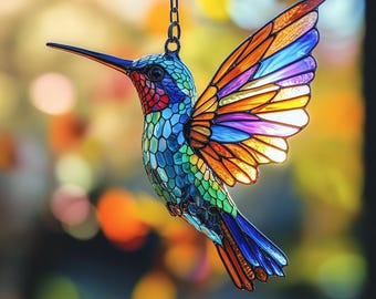 May include: A stained glass hummingbird ornament, suspended by a chain. The bird features a long beak and vibrant colors, including blue, green, orange, and purple. The wings are spread, showcasing the colorful glass panels.