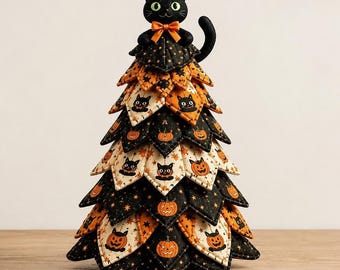 May include: A decorative fabric tree featuring a layered, quilted design with a black cat topper wearing an orange bow. The tree is patterned with orange pumpkins, black cats, and small stars against black and cream backgrounds, creating a festive look.