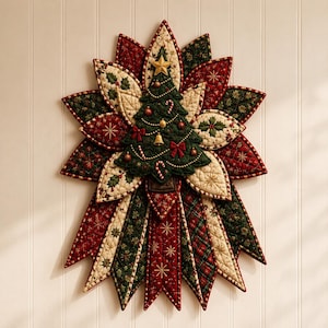 May include: A quilted fabric wall hanging shaped like a starburst with a central Christmas tree. The design features red, dark green, and cream fabrics with embroidered snowflakes, holly leaves, and small ornaments including a bell and candy canes.