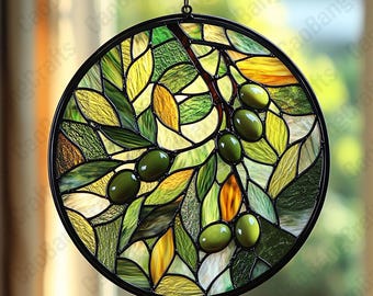 Olivenzweig Glasmalerei, Fenster hängend Dekor, Küche Suncatcher Dekor, Italienischer Suncatcher, Bar Warenkorb Dekor, Olive Wohndekor