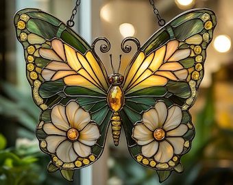 Butterfly Suncatcher, Floral Window Hanging, Colorful Acrylic Glass Art