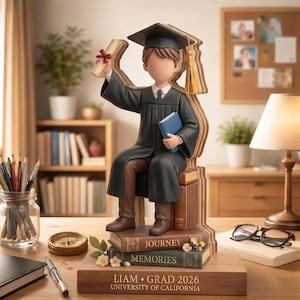 Op de afbeelding: Een afstudeerfiguur van een persoon in een zwarte toga en hoed, met een diploma en een blauw boek. Het beeldje zit op een stapel boeken met de woorden "Journey" en "Memories". De basis luidt "Liam Grad 2026 University of California".