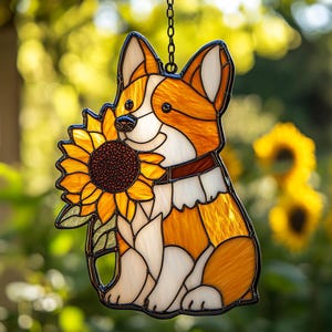 May include: Stained glass corgi dog holding a sunflower. The corgi is in shades of orange, white, and brown, with a black outline. The sunflower is yellow and brown. The piece is hanging from a chain.