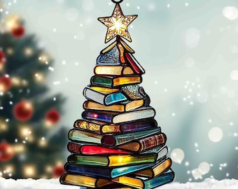Adorno para árbol de libros con vitrales, decoración navideña colorida