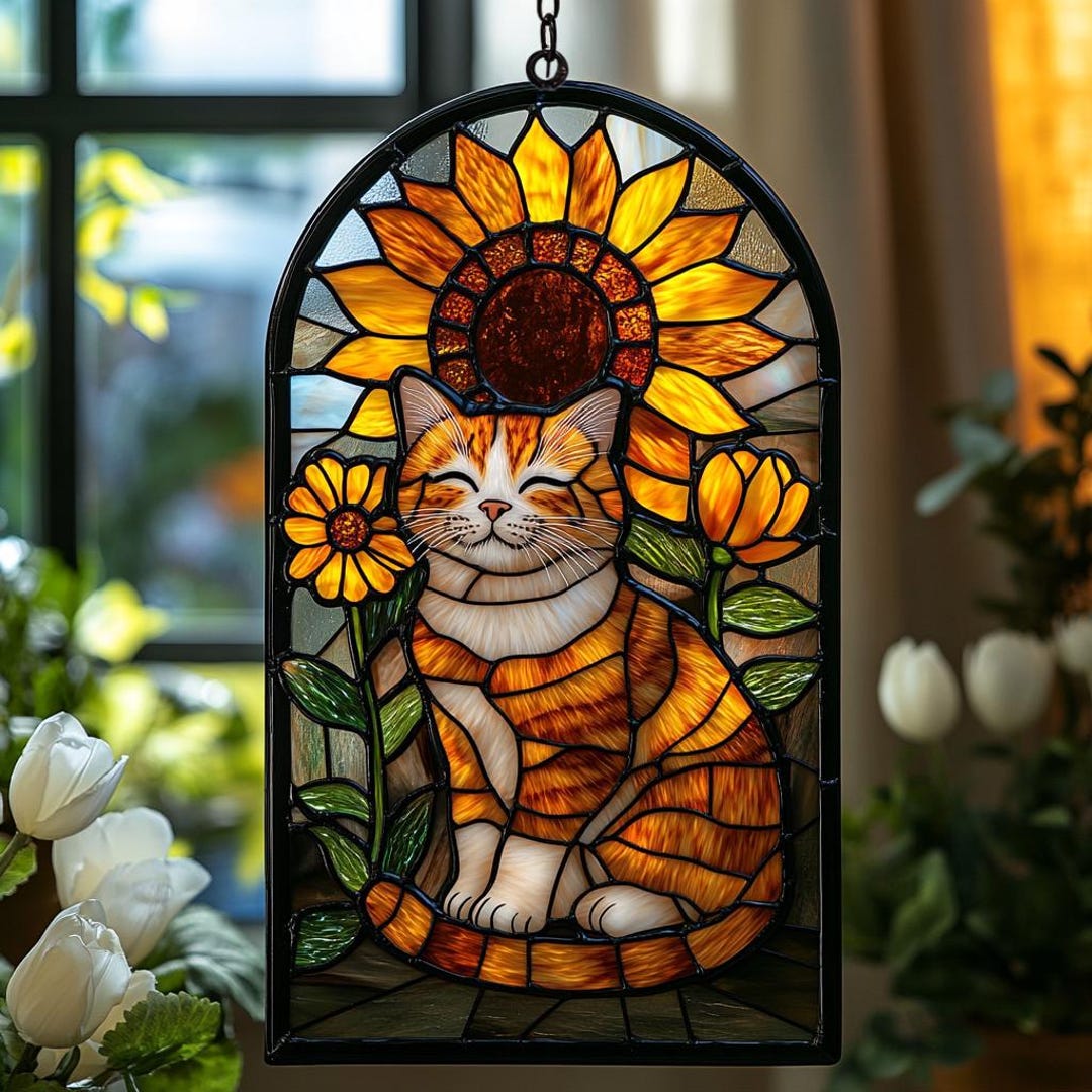 Orange Tabby Cat Acrylic Suncatcher, Sunflower Window Hanging ...