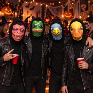 Puede incluir: Cuatro personas con sudaderas negras con capucha, chaquetas de cuero negro y vaqueros negros. Cada persona lleva una máscara diferente: un mono rosa, una rana verde, un pájaro azul y un pato amarillo. Dos personas sostienen vasos de plástico rojos.