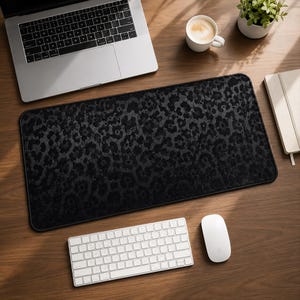 Black Leopard Desk Mat, Dark Animal Print Large Mouse Pad, Minimal Black Office Desk Pad, Modern Workspace Desk Protector, Leather Desk Mat