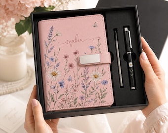 Personalized Floral Notebook and Pen Set – Custom Name Journal Gift Box, Elegant Stationery Gift for Her
