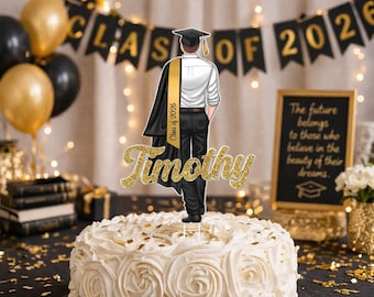 Aangepaste afstuderen acryl cake topper 2026, gepersonaliseerde Grad Boy cake topper, Class of 2026 Party Decor, middelbare school Graduate cadeau voor hem