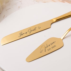 Personalized Wedding Cake Cutting Set, Engraved Knife Server Forks, Bride And Groom Gift, Stainless Steel Cake Cutter, Gold Knife Set