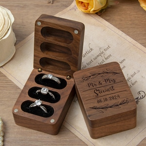 Engraved Wooden Ring Box, Wooden Triple Flip Ring Box, Custom Wedding Ring Box,Engagement Ring Box,3 slots Ring Box, Proposal Ring Holder