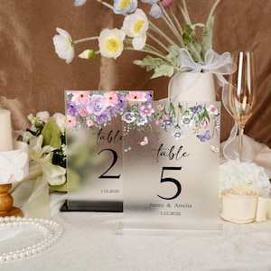 Wildflower Wedding Table Numbers: Frosted Acrylic, Rustic Country