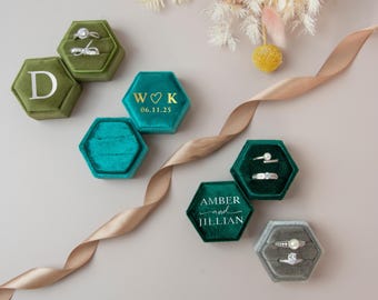 Custom Wedding Velvet Ring Box, Wedding Gift, Double Slot Hexagon Wedding Ring Box, Engagement Ring Box, Proposal Monogram Ring Bearer