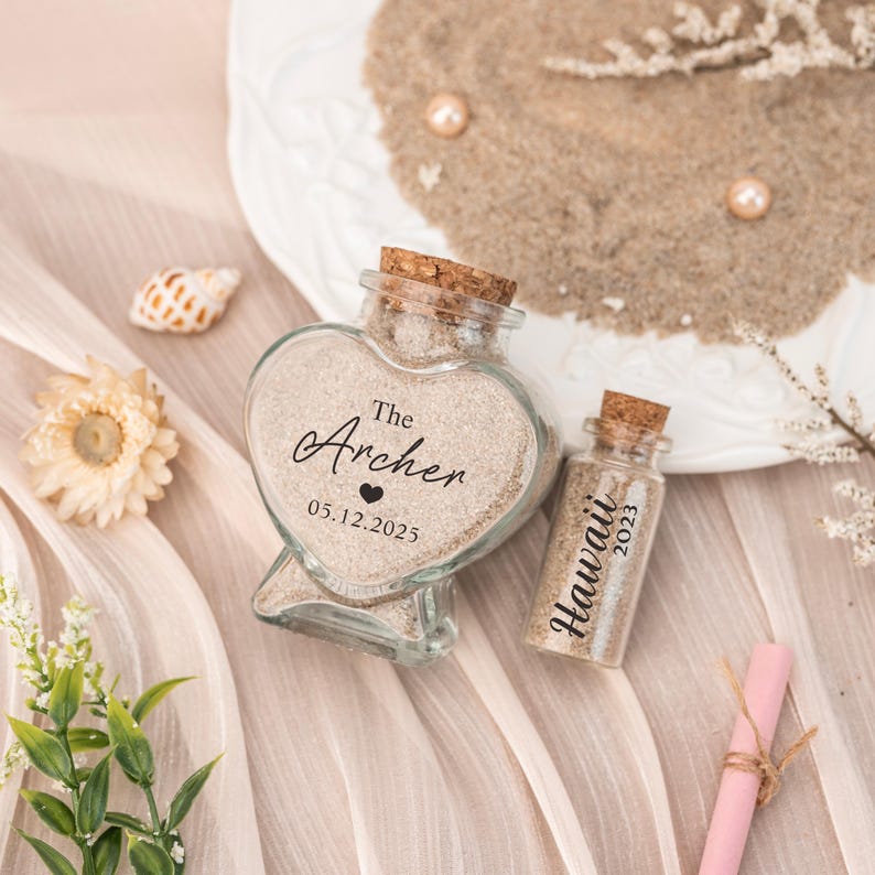 Custom Honeymoon Sand Bottle | Honeymoon Heart Glass Jar | Wedding Bridal Shower Bottle | Beach Holiday Keepsake Bottle | Honeymoon Memories