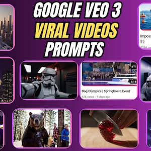 Peut inclure: Une image violette avec le texte "GOOGLE VEO 3 VIRAL VIDEOS PROMPTS" en jaune et blanc. L'image comprend diverses vignettes vidéo, dont un Stormtrooper, un chien plongeant et un ours portant des lunettes de soleil.