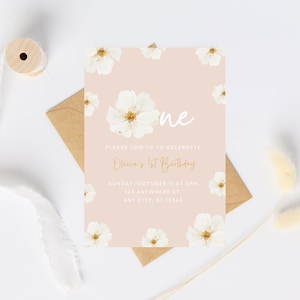 Floral Birthday Invitation 1st Birthday Invite, Pink Wildflower Boho Invite, Floral First Birthday Party Invitation