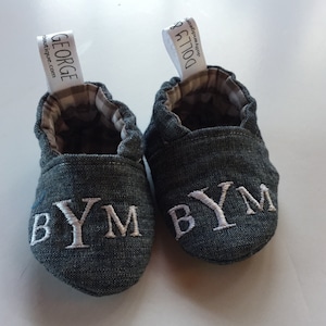 Monogrammed Chambray Gender Neutral Crib Shoes/Baby Slippers 486078623