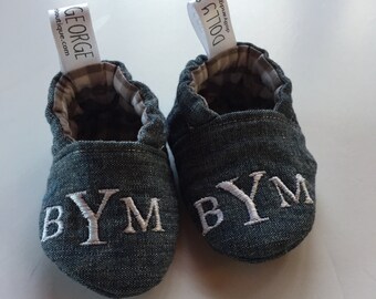 Monogrammed Chambray Gender Neutral Crib Shoes/Baby Slippers 486078623