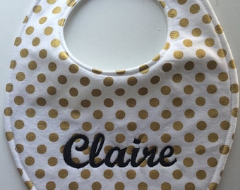 Gold & White Polka Dot Baby Bib with Embroidery