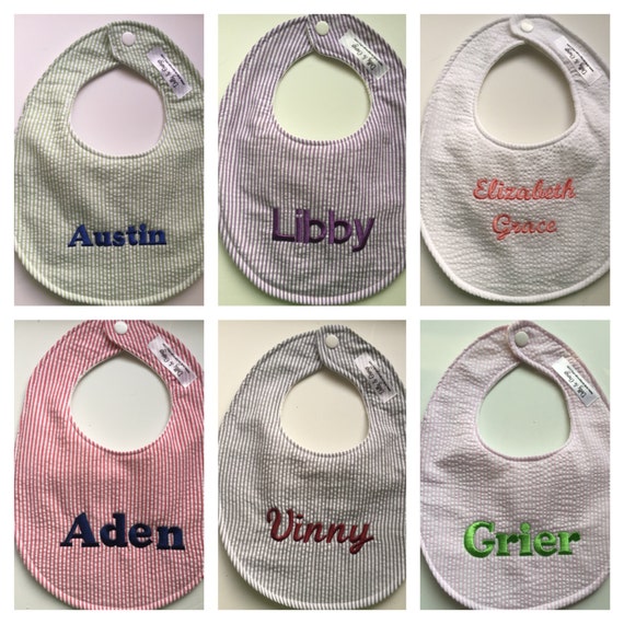 Seersucker Baby Bib for Girls Handmade Baby Bib Green & Pink Bib Seersucker Fabric Bib Personalized Baby Bib Embroidered Bib