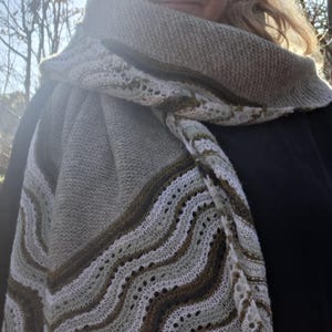 May include: A knitted shawl in shades of gray, white, and brown, featuring a wavy pattern. The shawl is draped over the shoulders. The text "MALLA ÞAG" is visible at the bottom. The background is a sunny outdoor scene.