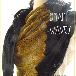 Op de afbeelding: Een zwarte en gouden kant sjaal met de tekst "Brain Waves" en "a passion for lace..." De sjaal is over een mannequin gehangen.