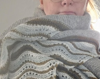 May include: A knitted scarf featuring a wavy, multi-colored pattern in shades of light gray, white, and dark brown. The scarf has an openwork, lace-like texture with horizontal stripes and a soft, fuzzy appearance, wrapped around the neck area.