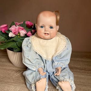 Rare Vintage Vernon Seeley porcelain head doll, open smiling mouth with teeth and pony tail, original clothes