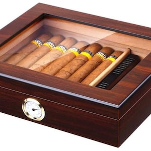 Handmade Cedar Cigar Humidor with Hygrometer & Humidifier – Glass Top Desktop Box for 20-25 Cigars