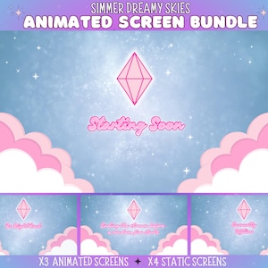 Puede incluir: Paquete de pantallas animadas para streaming con un diamante rosa y nubes sobre un fondo azul. El texto "Starting Soon" está en rosa con una fuente retro. El paquete incluye 3 pantallas animadas y 4 pantallas estáticas.